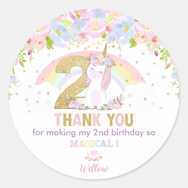 Cute Rainbow Unicorn 2nd Birthday Thank You Favour Classic Round Sticker (Front)