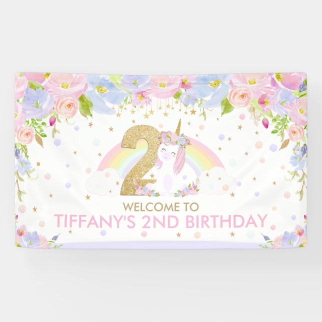 Cute Rainbow Unicorn 2nd Birthday Welcome Backdrop Banner (Horizontal)