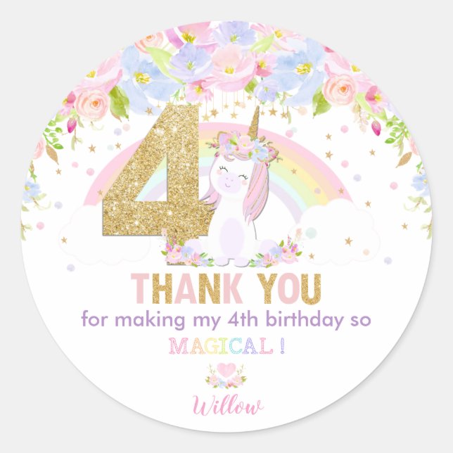 Cute Rainbow Unicorn 4th Birthday Thank You Favour Classic Round Sticker (Front)