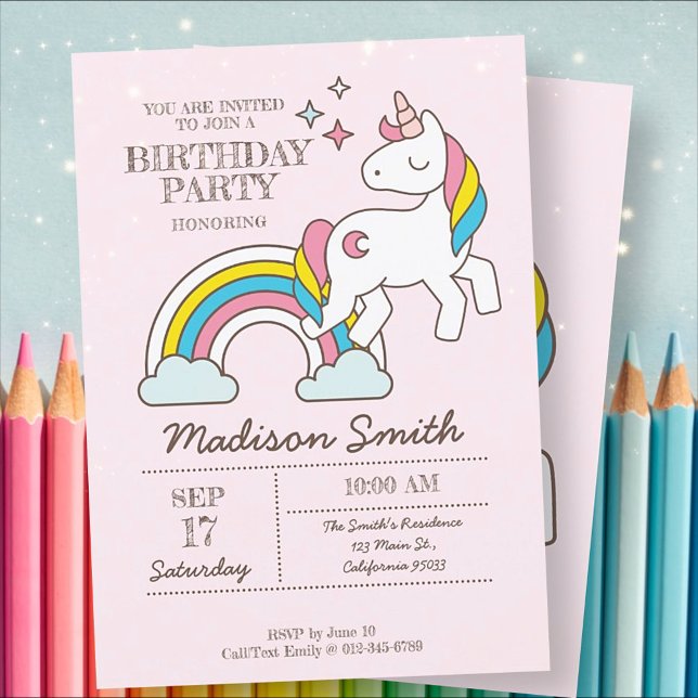 Cute Rainbow Unicorn And Sparkles Birthday Invitation (Creator Uploaded)