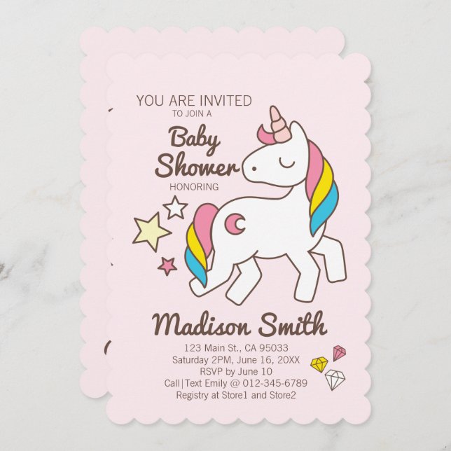 Cute Rainbow Unicorn and Stars Diamond Baby Shower Invitation (Front/Back)