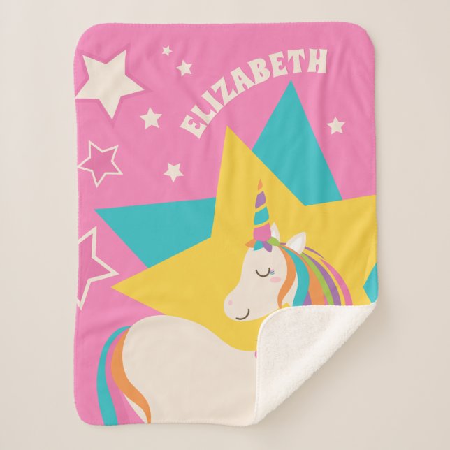 Cute Rainbow Unicorn and Stars Girly Pink Monogram Sherpa Blanket (Front)