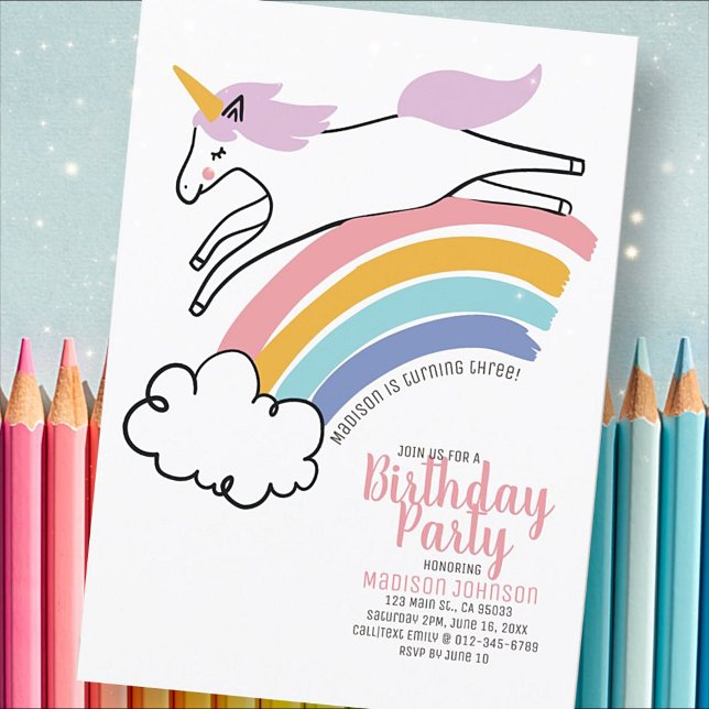 Cute Rainbow Unicorn  Birthday Party Invitation (Creator Uploaded)