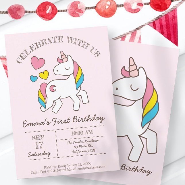 Cute Rainbow Unicorn Birthday Party Invitation (Creator Uploaded)