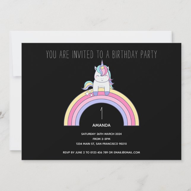 Cute Rainbow Unicorn Birthday Party Invitation (Front)