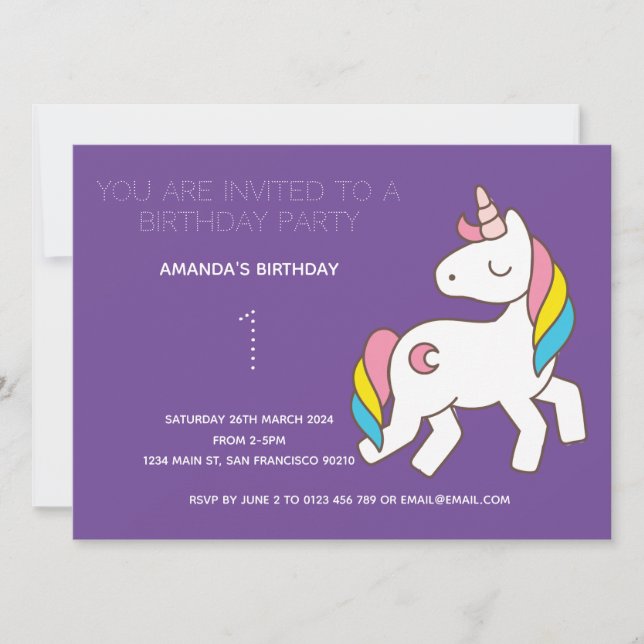 Cute Rainbow Unicorn Birthday Party Invitation (Front)