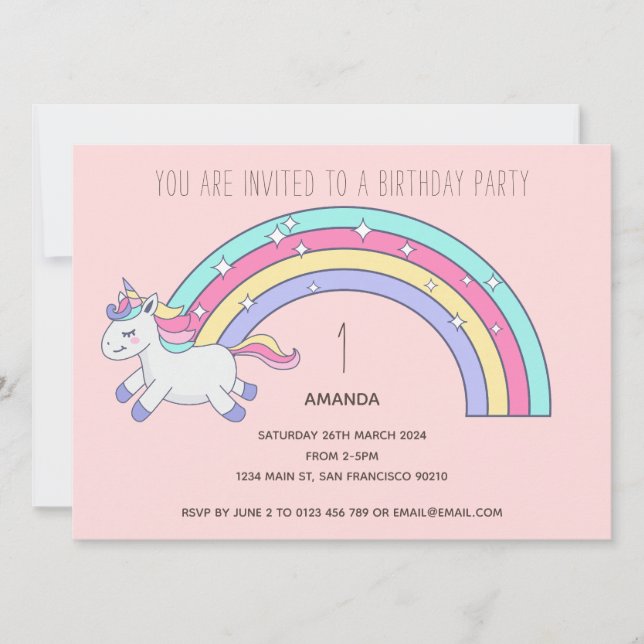 Cute Rainbow Unicorn Birthday Party Invitation (Front)