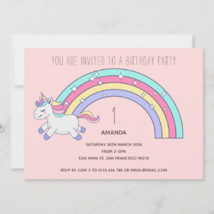 Cute Rainbow Unicorn Birthday Party Invitation