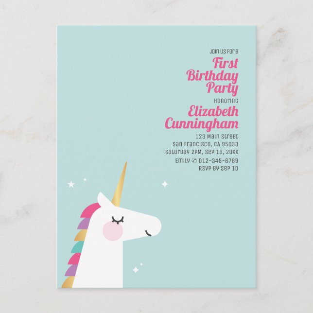 Cute Rainbow Unicorn Birthday Party Invitation Postcard (Front)
