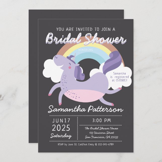 Cute Rainbow Unicorn Bridal Shower Invitation (Front/Back)