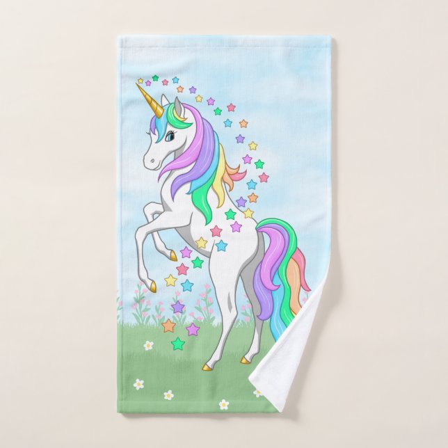 Cute Rainbow Unicorn Colourful Stars & Flowers Hand Towel (Hand Towel)