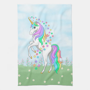 Cute Rainbow Unicorn Colourful Stars & Flowers Tea Towel