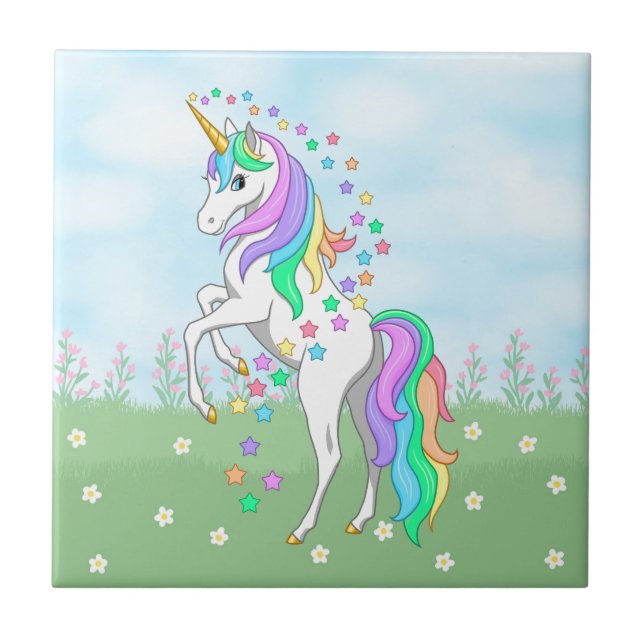 Cute Rainbow Unicorn Colourful Stars & Flowers Tile (Front)