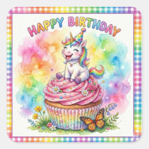 Cute Rainbow Unicorn Cupcake Happy Birthday