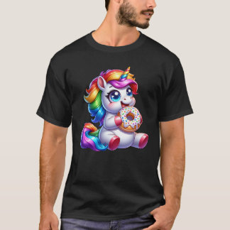 Cute Rainbow Unicorn Eating Doughnut Lover Funny T-Shirt