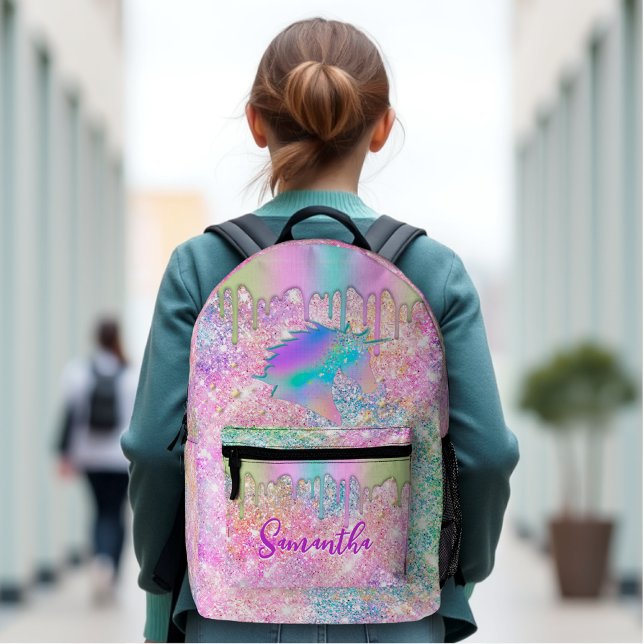Cute Rainbow unicorn faux Glitter stars monogram  Printed Backpack (Creator Uploaded)