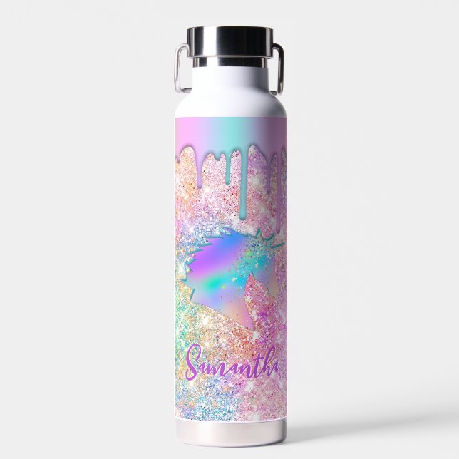Cute Rainbow unicorn faux Glitter stars monogram Water Bottle (Front)