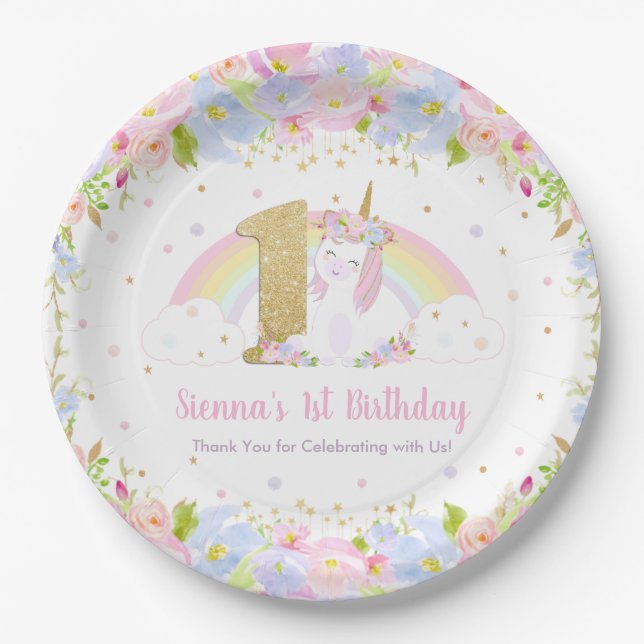 Cute Rainbow Unicorn Floral 1st Birthday Party Paper Plate (Front)