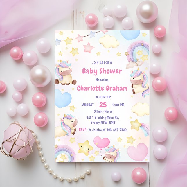 Cute Rainbow Unicorn Girl Baby Shower Invitation (Creator Uploaded)