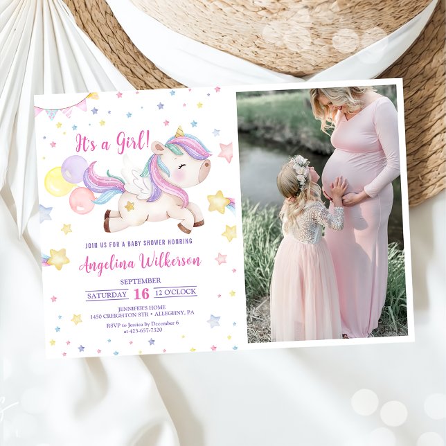 Cute Rainbow Unicorn Girl Baby Shower Photo  Invitation (Creator Uploaded)
