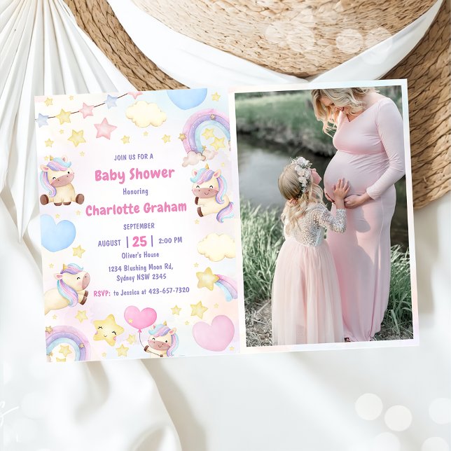 Cute Rainbow Unicorn Girl Baby Shower Photo  Invitation (Creator Uploaded)