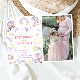 Cute Rainbow Unicorn Girl Baby Shower Photo Invitation