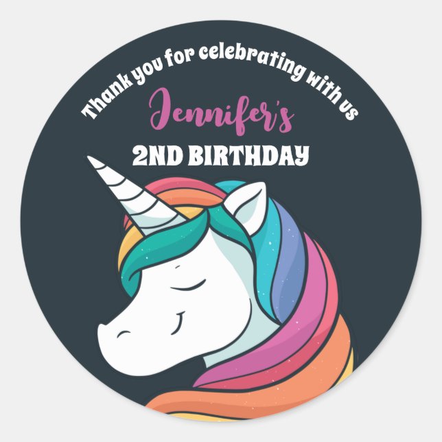 Cute Rainbow Unicorn Girls Birthday Party Favour Classic Round Sticker (Front)