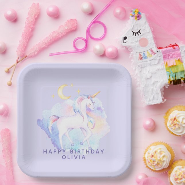 Cute Rainbow Unicorn Girl's Birthday Party Paper Plate (Party)