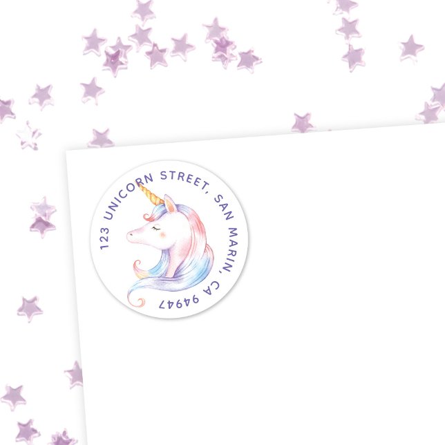 Cute Rainbow Unicorn Girls | Round Address Label (Creator Uploaded)