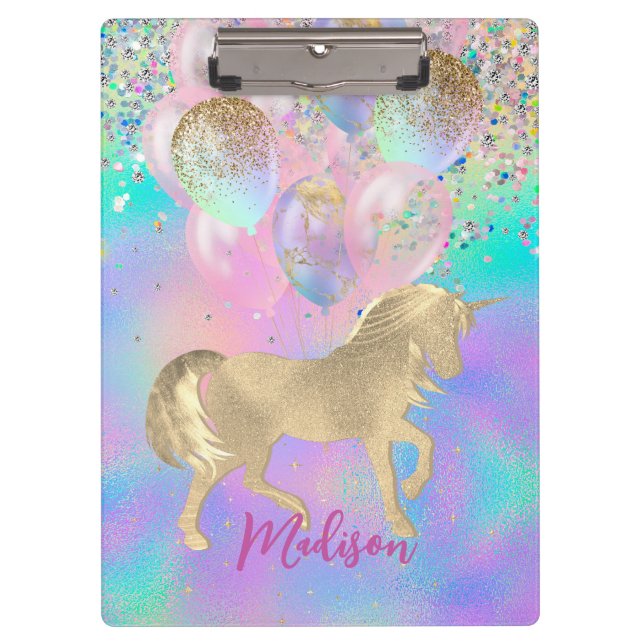 Cute Rainbow unicorn glitter balloons monogram Clipboard (Front)