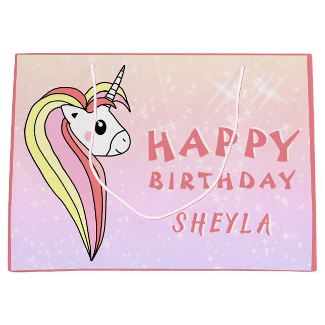 Cute Rainbow Unicorn Glitter Birthday Kids Name Large Gift Bag (Front)