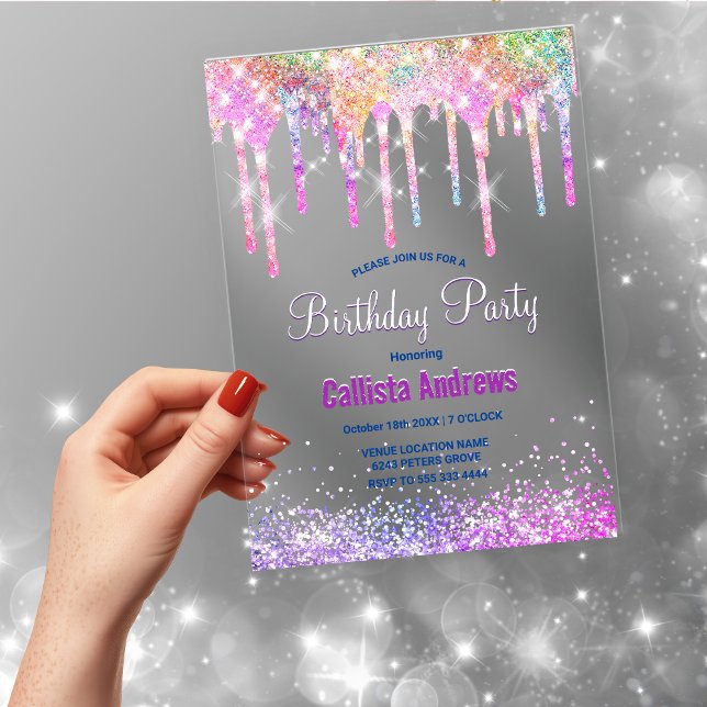 Cute Rainbow unicorn Glitter Drips Birthday  Acrylic Invitations (Creator Uploaded)