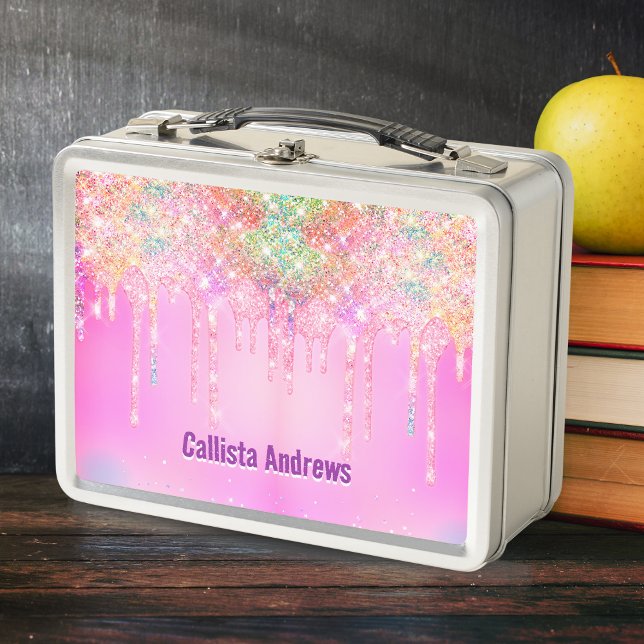 Cute Rainbow unicorn Glitter drips pink custom Metal Lunch Box (Creator Uploaded)