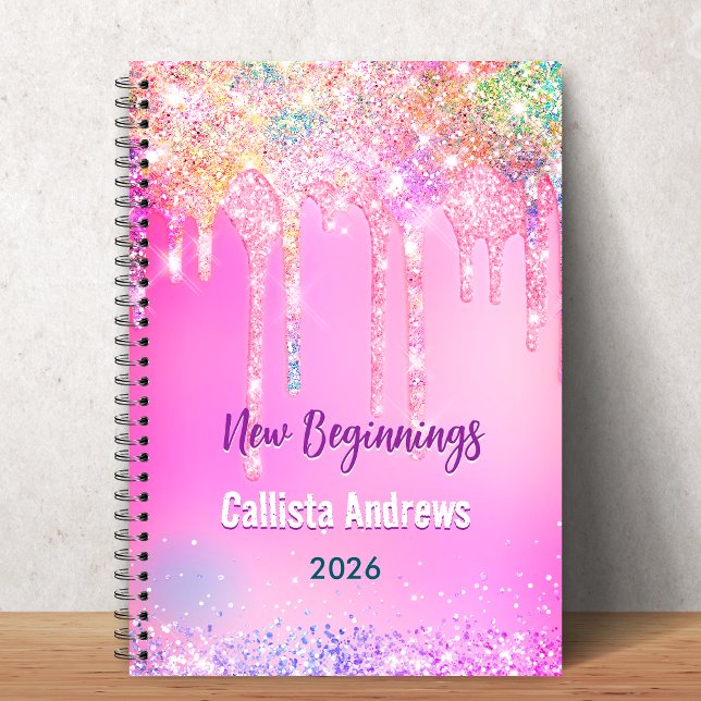 Cute Rainbow unicorn Glitter Drips pink monogram Notebook (Creator Uploaded)