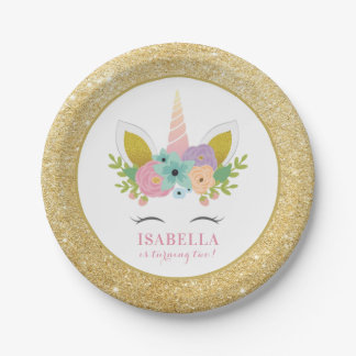Cute Rainbow Unicorn & Gold Glitter Kids Birthday Paper Plate