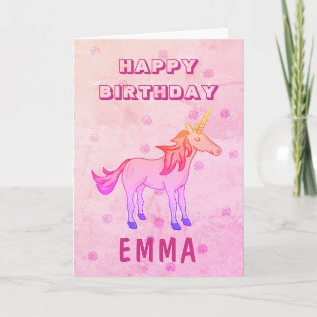 Cute Rainbow Unicorn Happy Birthday Name Card (Front)