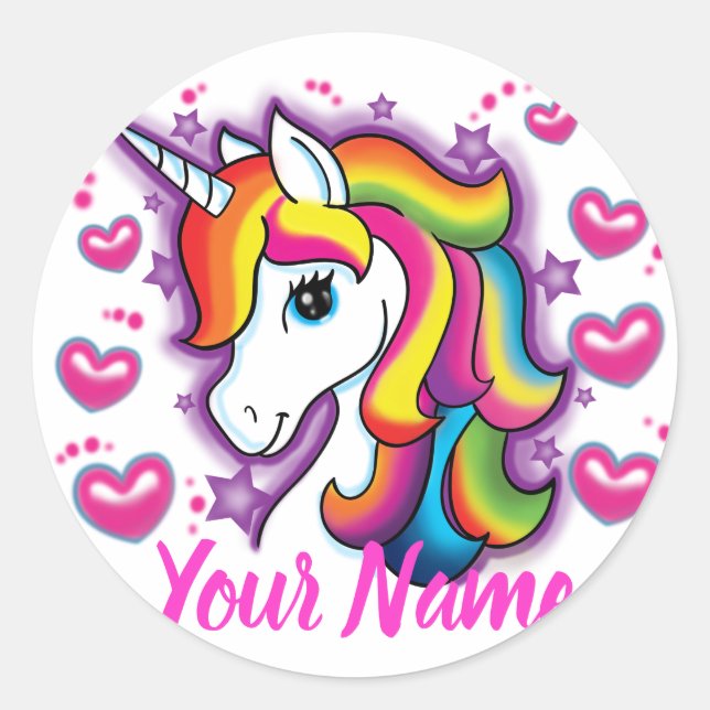Cute Rainbow Unicorn Horse with Stars Hearts Classic Round Sticker (Front)