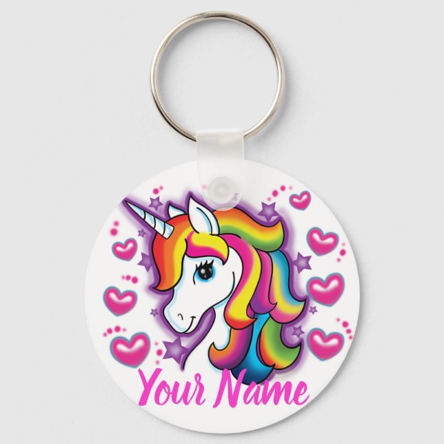 Cute Rainbow Unicorn Horse with Stars Hearts Key Ring (Front)