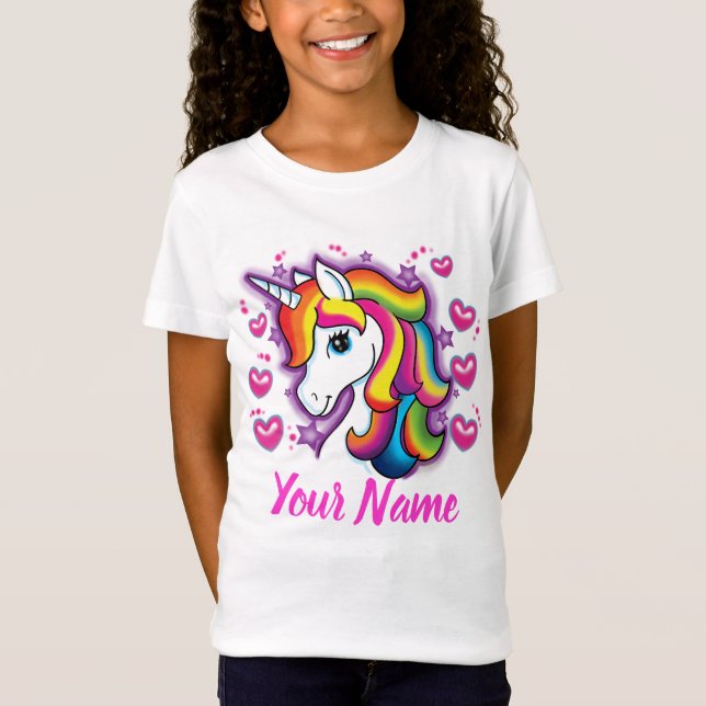 Cute Rainbow Unicorn Horse with Stars Hearts T-Shirt (Front)