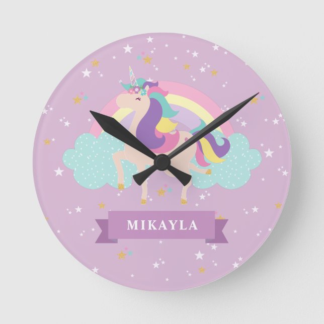 Cute Rainbow Unicorn kids Round Clock (Front)
