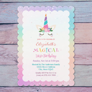 Cute Rainbow Unicorn Magical Birthday Party Invitation