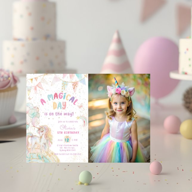 Cute Rainbow Unicorn Magical Birthday Photo Invitation (Creator Uploaded)
