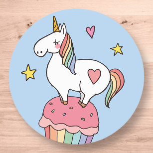 Cute Rainbow Unicorn on Birthday Cupcake Classic Round Sticker