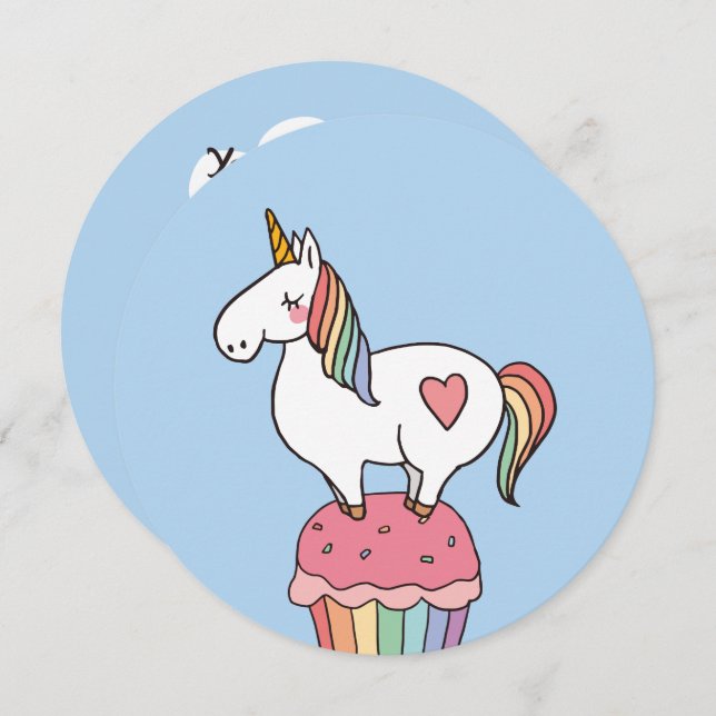 Cute Rainbow Unicorn on Birthday Cupcake Invitation (Front/Back)