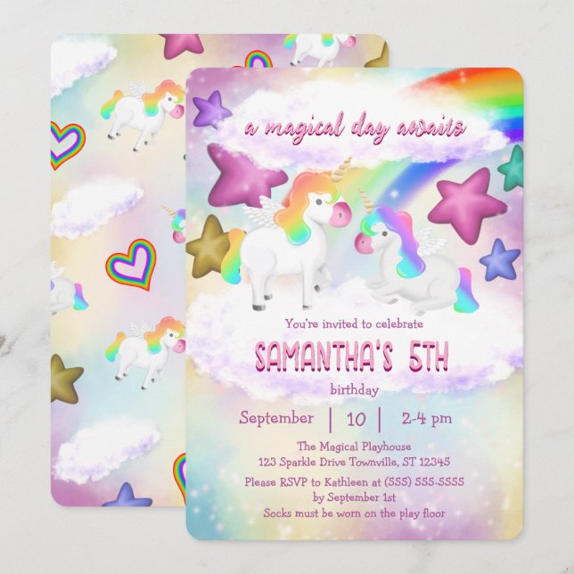 Cute Rainbow Unicorn Pastel Birthday Invitation (Front/Back)