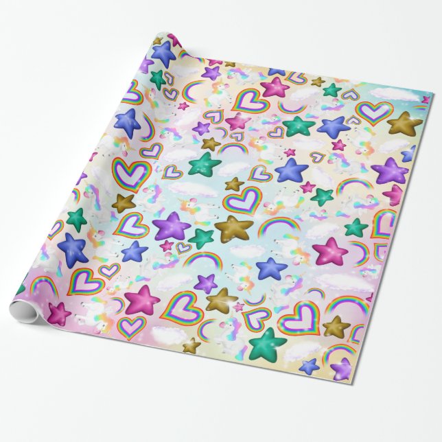 Cute Rainbow Unicorn Pastel Pink Wrapping Paper (Unrolled)