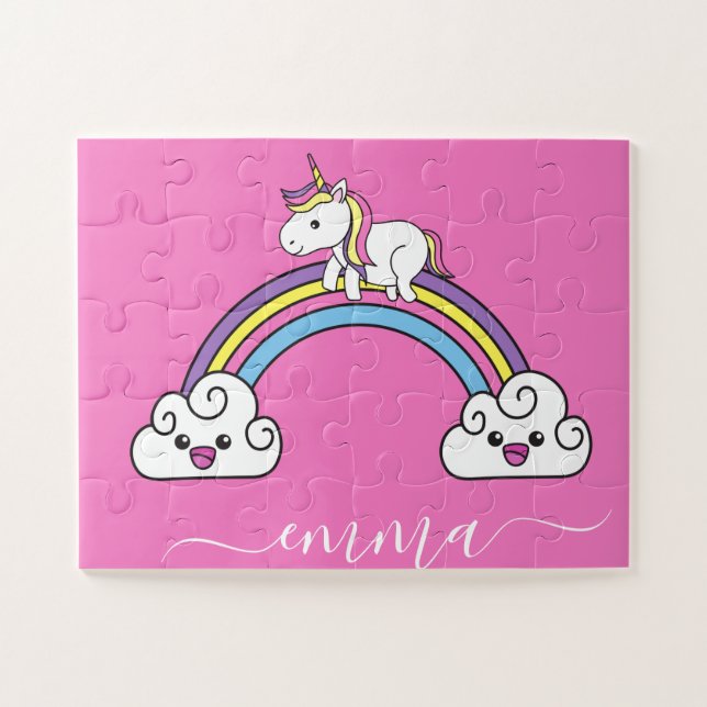 Cute Rainbow Unicorn Personalised Name  Jigsaw Puzzle (Horizontal)