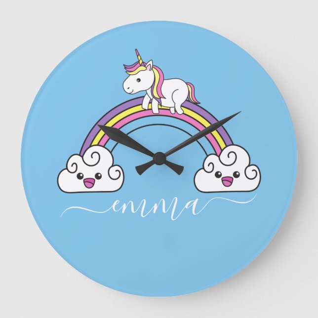 Cute Rainbow Unicorn Personalised Name  Large Clock (Front)