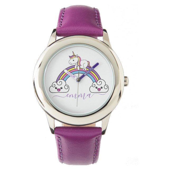 Cute Rainbow Unicorn Personalised Name  Watch (Front)