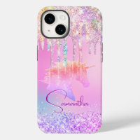 Cute Rainbow unicorn pink Glitter Drips monogram